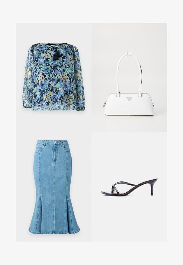 Gennemsigtig bluse med et blåt, grønt og sort blomstermønster, rund halsudskæring med snoretræk og to frynser. Lange, luftige ærmer.; Lyseblå denim blyantskirt med flared nederdel og slidser i siden, med en frontknaplukning og lommer. Enkel, ren design.; Sort laklædersandal med hæl, tynde krydsede remme og en slank mellemhøj stilethæl på en hvid baggrund.; Hvid lædertaske med en buet form, der har et sølvtrapezlogo og lynlåslukning. Glat tekstur og dobbelthåndtag.