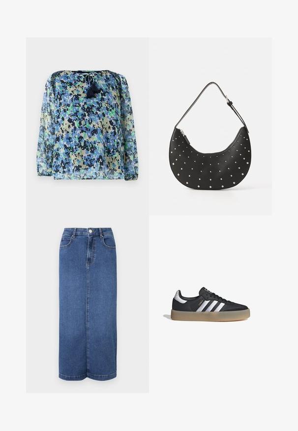 Blusa transparente con un patrón floral en azul, verde y negro, escote redondo con cordón y dos borlas. Mangas largas y vaporosas.; Falda larga de mezclilla en azul oscuro, con corte recto, cinturilla con cierre de botón y detalles de costura mínimos.; Zapatilla deportiva de cuero negro con tres rayas plateadas, punta texturizada y suela de goma. Cuenta con un collar acolchado y un diseño con cordones.; Bolso de mano de cuero negro con forma curva, adornado con tachuelas plateadas, cuenta con cierre de cremallera y una sola correa ajustable.