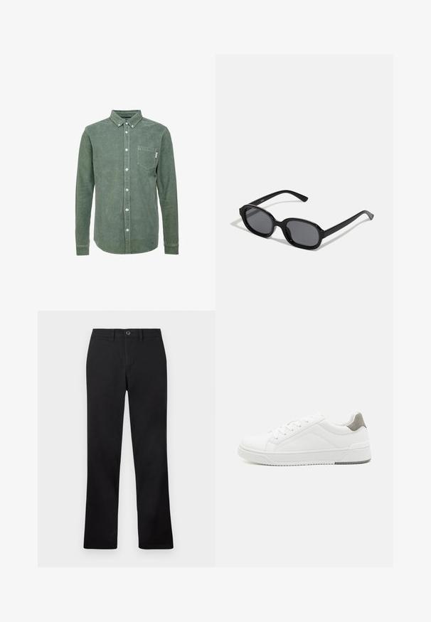 Chemise en velours côtelé vert avec un col boutonné, des manches longues, une poche sur la poitrine gauche et des boutons blancs. Finition texturée.; Un pantalon noir présenté sur un fond blanc, avec une coupe droite et une fermeture à bouton à la taille.; Basket blanche en cuir lisse, à bout arrondi, design minimaliste, accent de talon gris et semelle en caoutchouc texturé.; Zign by Zalando Lunettes de soleil - black