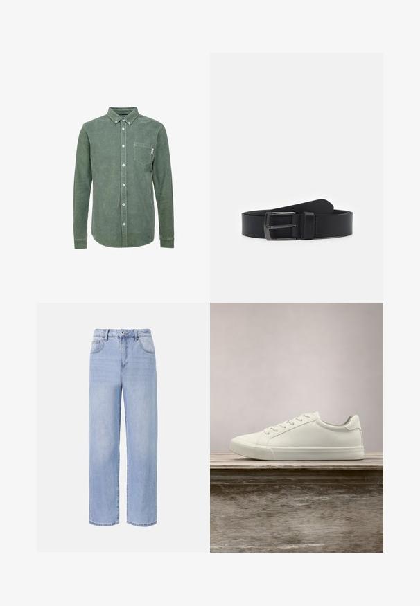 Chemise en velours côtelé vert avec un col boutonné, des manches longues, une poche sur la poitrine gauche et des boutons blancs. Finition texturée.; Jean en denim bleu clair avec une coupe décontractée et des jambes larges. Les caractéristiques incluent cinq poches, une fermeture à bouton à l'avant et une décoloration subtile.; Sneaker en dentelle blanche flottant au-dessus d'un banc en bois avec un feuillage vert en arrière-plan, mettant en valeur le design et la texture de la chaussure.; Ceinture en cuir noir avec une texture lisse, dotée d'une boucle en métal argenté et d'un design classique. Longueur ajustable, style minimaliste.