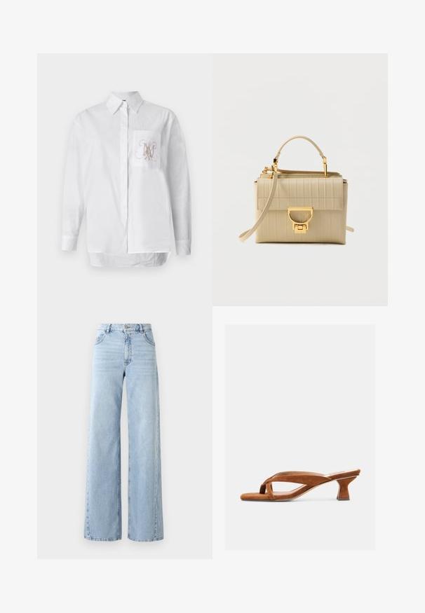 Chemise blanche à manches longues en coton, dotée d'une poche sur la poitrine gauche avec un monogramme brodé en marron clair. Ourlet droit.; Jean en denim léger bleu clair à jambes larges avec taille haute, cinq poches et texture décolorée. Présente des détails cousus et une coupe droite à l'ourlet.; Sandale ouverte en suède marron avec un petit talon kitten et des brides croisées, présentée sur un fond clair uni.; Sac à main beige avec texture côtelée verticale, ferrures dorées, poignée supérieure et bandoulière amovible. Fermeture zippée.