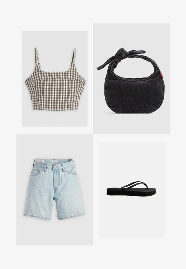 Top court à motif écossais avec des nuances de brun, blanc et noir. Doté de fines bretelles et de coutures structurées. Matière en mélange de coton.; Shorts en denim délavé, taille haute, avec un design à cinq poches, fermeture par bouton et zip argentés, avec un ourlet effiloché et un léger dégradé.; Tongs en caoutchouc noir avec semelle texturée et bride en forme de Y, vues de côté sur un fond clair uni.; Petit sac d'épaule en denim noir avec une sangle nouée et une fermeture éclair, arborant une étiquette en tissu rouge Levi's sur le côté.