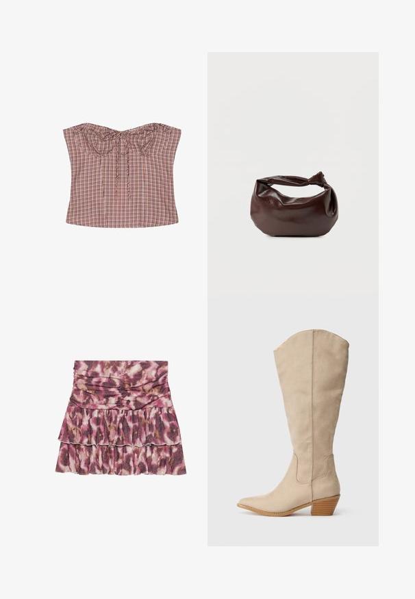 Haut bustier à carreaux marron et rose sans bretelles avec des détails froncés et un nœud devant sur fond blanc.; Jupe mini froncée en imprimé animal rose et beige, avec un ourlet volanté et une texture lisse. Fabriquée en tissu léger et fluide.; Bottes beiges en daim, montantes jusqu'au genou, avec un bout pointu, un talon empilé et des détails de couture visibles. Texture lisse avec un design simple.; Sac bandoulière en cuir marron foncé avec une forme souple et décontractée et une anse nouée torsadée sur un fond blanc uni.