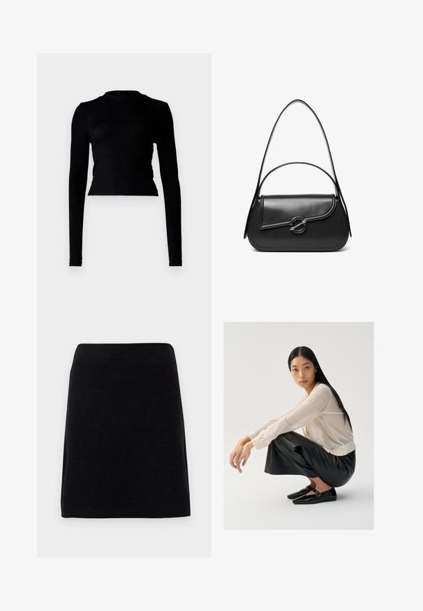 Zwarte langmouwen crop top in ribbeltextuur, met een hoge halslijn en een aansluitend ontwerp. Minimalistische stijl zonder zichtbare patronen of accenten.; Zwarte minirok van zacht materiaal, met een rechte snit en naadloze tailleband, zonder zichtbare sluitingen of patronen.; Lichtbeige sheer sweater met pofmouwen, gecombineerd met zwarte leren wijde broek en glanzende zwarte schoenen met een banddetail.; Zwarte leren schoudertas met een gebogen klep die is bevestigd met een ronde metalen sluiting en een smalle, verstelbare band.