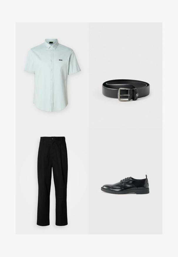 Chemise bleu clair à manches courtes avec col boutonné et logo noir "BOSS" sur la poitrine gauche.; Pantalons noirs à jambes droites avec une taille à bouton, passants de ceinture et pli avant, présentés sur un fond blanc uni.; Chaussure habillée en cuir noir brillant avec un petit talon, fermeture à lacets et bout rond, vue de côté sur un fond uni et clair.; Ceinture en cuir noir avec une boucle en métal argenté brillante, texture lisse et bords cousus. Dispose d'une boucle pour fixer l'extrémité de la ceinture.