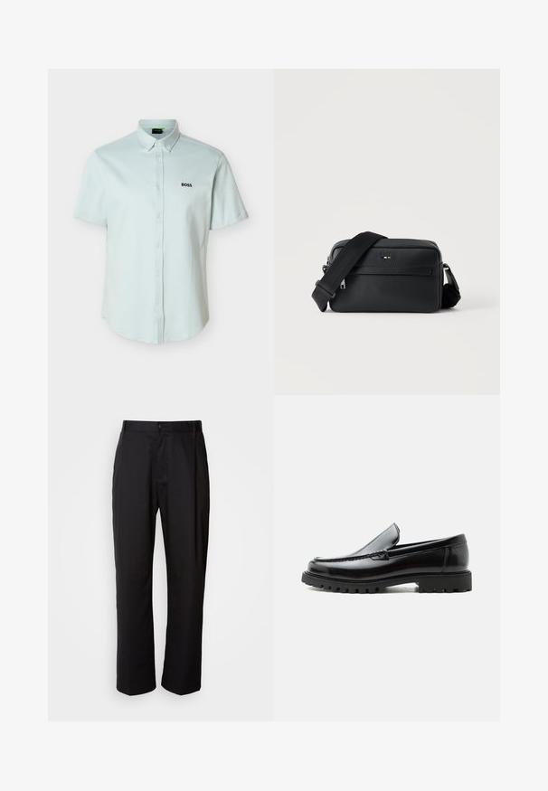 Chemise bleu clair à manches courtes avec col boutonné et logo noir "BOSS" sur la poitrine gauche.; Pantalon noir à coupe droite, en tissu léger. Il dispose d'une fermeture à bouton sur le devant et de deux poches latérales ; texture lisse.; Mocassin en cuir noir avec semelle en caoutchouc épaisse, dessus cousu et nom de marque embossé sur le talon, présenté de profil sur fond blanc.; Sac bandoulière en cuir noir texturé avec poche avant zippée et bandoulière large en tissu réglable sur fond blanc.