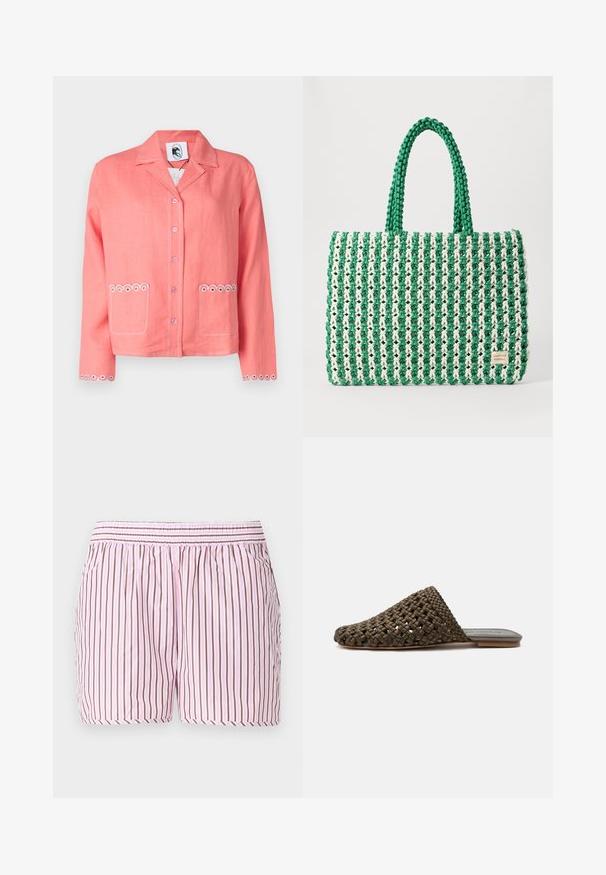 Korallenfarbenes Leinenjackett mit Reverskragen, Knopfverschluss, zwei vorderen Taschen mit runder Stickerei und dekorativer Naht an den Ärmeln.; Baumwoll-Pyjama-Shorts mit vertikalen rosa und braunen Streifen, einem elastischen Bund mit Raffung und einer lockeren Passform für maximalen Komfort.; Brauner gewebter Slipper-Mule mit flacher Sohle und geschlossenem, rundem Zehenbereich auf weißem Hintergrund.; Grün-weiße gewebte Tragetasche mit strukturierter rechteckiger Form, strukturiertem Finish und zwei stabilen Griffen. Besitzt ein Logotag an der Seite.