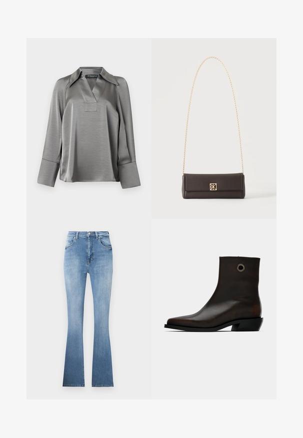 Blouse en satin argenté avec un col pointu, un décolleté en V et des manches longues avec de larges poignets. Texture lisse avec un léger éclat.; Jean évasé bleu clair en denim, avec une taille haute, des poches avant et un léger dégradé vers l'ourlet. Présente des coutures claires.; Botte de cheville en cuir marron foncé avec un léger talon et un emblème en métal rond près du haut sur un fond uni.; Sac à main rectangulaire en cuir marron foncé avec une bandoulière chaîne dorée et une petite fermeture carrée dorée au centre avant.