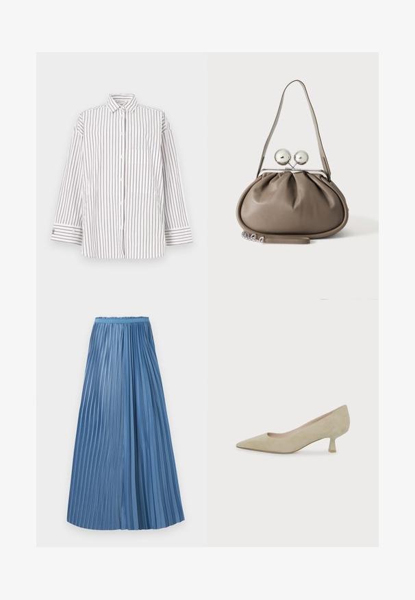 Chemise rayée en tissu léger, présentant des rayures verticales marron et blanches, un col et une poche avant. Manches longues avec poignets à boutons.; Jupe plissée bleu longueur cheville avec des plis de largeurs inégales et une ceinture ajustée sur fond blanc.; Escarpin en daim beige à bout pointu avec un talon bas et fin de hauteur moyenne sur fond blanc uni.; Sac à main en cuir gris de forme arrondie, fermeture supérieure avec deux grandes sphères argentées, et une seule anse.