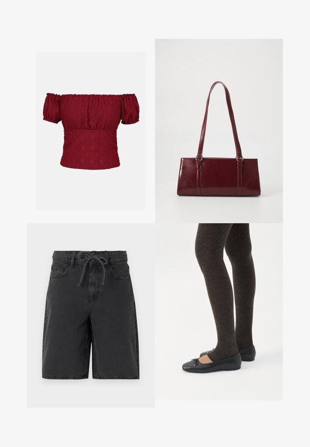 Top bordeaux à épaules dénudées avec des manches courtes bouffantes, présentant un motif en diamond texturé et un col élastiqué ainsi qu'un ourlet élastique.; Shorts en jean noir avec passants pour ceinture, poches avant et cordon noué à la taille, présentés sur un fond uni.; Jambes portant des leggings côtelés foncés associés à des ballerines noires avec de petits détails en nœud sur fond blanc.; Sac à main bordeaux en matériau brillant, de forme rectangulaire, avec deux anses et des accents légèrement courbés à l'avant.