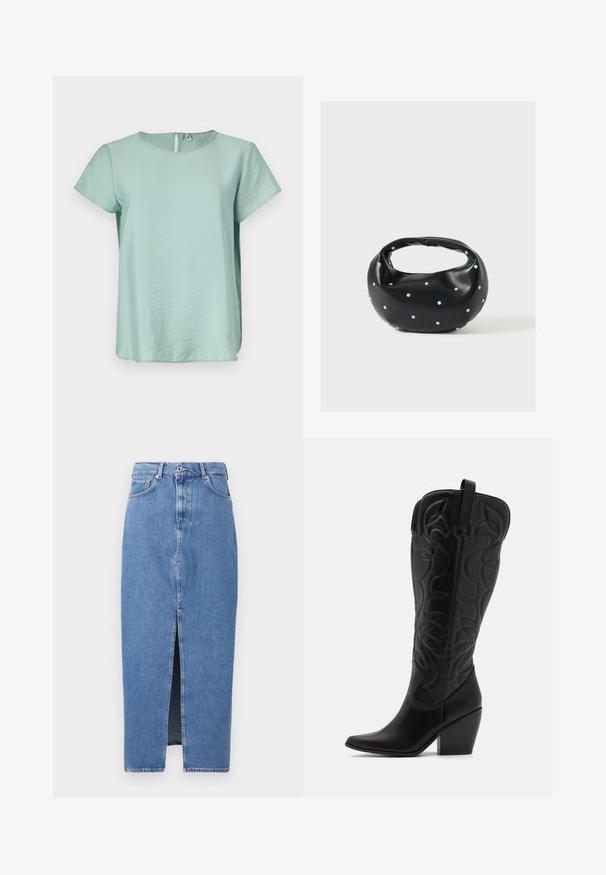 Haut vert menthe à manches courtes avec un col rond et une petite ouverture en forme de clé au dos, fabriqué dans un tissu lisse et léger.; Jupe midi en denim bleu clair avec une fente avant, design classique à cinq poches et fermeture par bouton supérieur. Le tissu présente une légère texture.; Bottes hautes en cuir noir jusqu'aux genoux avec bout pointu et talon empilé. Caractéristiques de coutures décoratives et éléments de design courbés.; Sac à main en cuir noir de forme arrondie, décoré de clous argentés et équipé d'une poignée courte. Texture lisse et fermeture éclair.