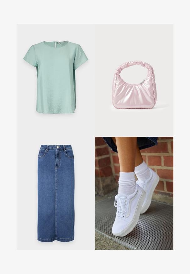 Haut vert menthe à manches courtes avec un col rond et une petite ouverture en forme de clé au dos, fabriqué dans un tissu lisse et léger.; Jupe maxi en denim bleu foncé, avec une coupe droite, une taille avec une fermeture à bouton et des détails de couture minimalistes.; Baskets en toile blanches avec semelles en caoutchouc, dotées de six œillets, d'un bout rond et de détails de couture légers, portées avec des chaussettes blanches mi-mollet.; Sac à main rose rembourré avec un design arrondi, fabriqué à partir d'un matériau brillant. Dispose d'une poignée froncée et d'une fermeture éclair pour un accès sécurisé.