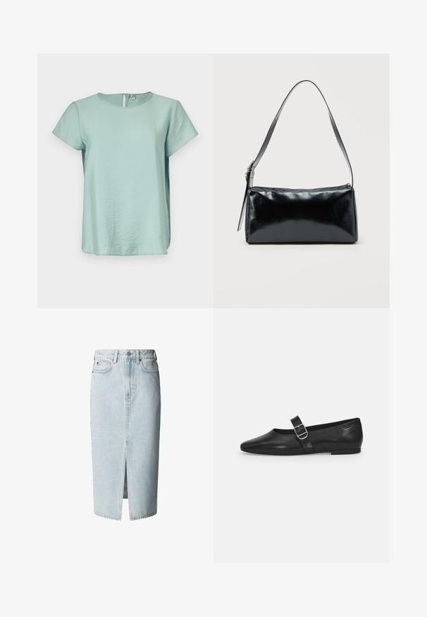 Mintgroene top met korte mouwen, voorzien van een ronde halslijn en een kleine sleutelgatopening aan de achterkant, gemaakt van een gladde, lichte stof.; Lichtblauwe denim midi-rok met voorsplit, ceintuurlussen, knoop- en ritssluiting, en voor- en achterzakken.; Zwarte leren platte schoen met een ronde neus, een enkele verstelbare gespsluiting en een gladde, glanzende textuur. Minimalistisch ontwerp met een lage hak.; Zwarte rechthoekige schoudertas met een enkele verstelbare band en een bovenste ritssluiting op een effen achtergrond.