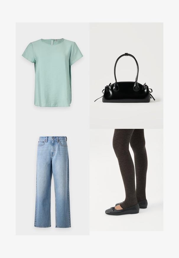 Haut vert menthe à manches courtes avec un col rond et une petite ouverture en forme de clé au dos, fabriqué dans un tissu lisse et léger.; Jeans en denim bleu clair au design droit, dotés d'une fermeture à bouton, de passants de ceinture et d'un léger décoloration dans la texture du tissu.; Jambes portant des leggings côtelés foncés associés à des ballerines noires avec de petits détails en nœud sur fond blanc.; Petit sac à main noir brillant avec deux longues anses et des détails à cordon sur les côtés sur un fond clair uni.