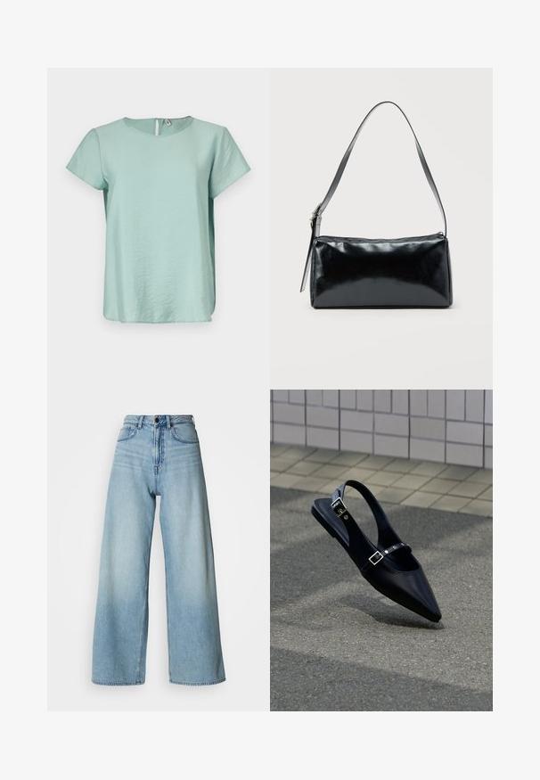 Haut vert menthe à manches courtes avec un col rond et une petite ouverture en forme de clé au dos, fabriqué dans un tissu lisse et léger.; Jean bleu clair de style taille haute à jambes larges, en denim, avec un design à cinq poches et un délavage subtil pour la texture.; Mocassin noir à bout pointu et bride arrière, avec double boucle, posé sur un asphalt gris près d'un mur carrelé en arrière-plan.; Sac d'épaule rectangulaire noir avec une sangle réglable unique et une fermeture éclair supérieure sur un fond uni.