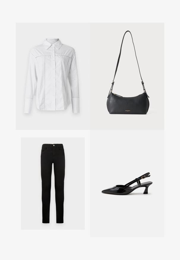 Weißes Langarmhemd aus Baumwolle mit durchgehender Knopfleiste, vertikalen Ausschnitten entlang der Nähte und klassischem Kragen.; Schwarze Denim-Jeans mit schmaler Passform, mit Knopfverschluss, Gürtelschlaufen und Fronttaschen. Glatte Textur und klassisches Design.; Schwarzer Slingback-Pumps aus Lackleder mit spitzer Spitze und verstellbarem goldfarbenem Riemen auf weißem Hintergrund.; Kleine schwarze Lederschultertasche mit verstellbarem Riemen und goldenem Reißverschluss, mit dezentem goldenem Markenschriftzug vorne.