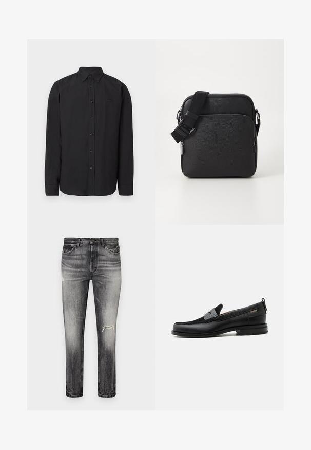 Chemise noire à manches longues avec col boutonné, tissu lisse et logo discret. Dotée de boutons sur le devant et de manches avec poignets.; Jean en denim noir décoloré avec une coupe droite, présentant des zones effilochées, des poches avant et une fermeture à bouton classique.; Mocassin en cuir noir avec détail de bride grise, talon bas et semelle texturée, marqué "HUGO" en or sur le côté.; Sac bandoulière en cuir noir avec une surface texturée, doté d'une poche zippée à l'avant, d'une bandoulière ajustable et d'accents en métal.