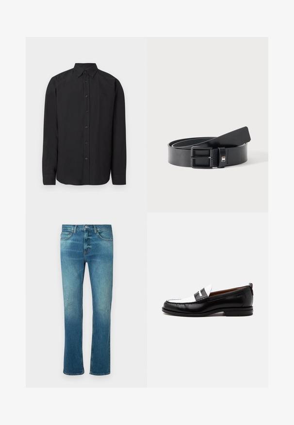 Chemise noire à manches longues avec col boutonné, tissu lisse et logo discret. Dotée de boutons sur le devant et de manches avec poignets.; Jean en denim bleu avec une coupe droite, présentant une finition délavée, des distresses légères au niveau des genoux et un design classique à cinq poches.; Mocassin en cuir noir et blanc avec des détails cousus, un petit talon et un design slip-on, présenté de profil sur un fond uni.; Ceinture en cuir noir avec boucle métallique noire mate, légèrement enroulée avec l'extrémité de la lanière reposant sur une surface blanche.