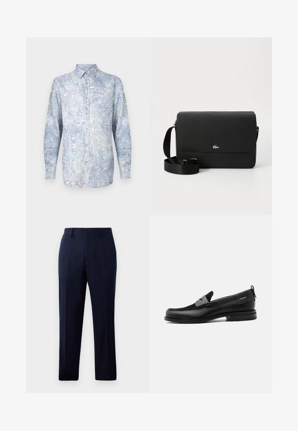 Camisa azul claro con botones, con patrones florales, mangas largas y cuello clásico. Hecha de tela suave con una textura lisa.; Pantalones navy hechos de una tela suave, con un diseño clásico de pierna recta, bolsillos frontales y un cierre de botón en la cintura.; Mocasín de cuero negro con detalle de tira gris, tacón bajo y suela texturizada, con la marca "HUGO" en oro en el lateral.; Bolso cruzado de cuero negro con una textura suave, tapa frontal, acento con logo plateado y correa de tela ajustable.