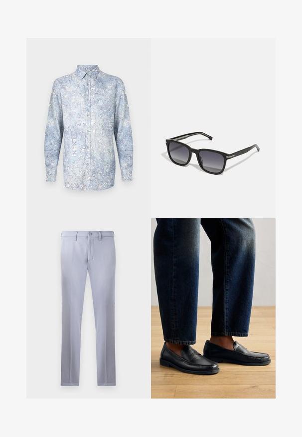 Chemise boutonnée bleu clair avec motifs floraux, manches longues et col classique. Fabriquée en tissu doux avec une texture lisse.; Pantalons tailleur gris clair en tissu lisse, dotés d'une fermeture à bouton, de passants de ceinture et d'une coupe droite. Pas de poches visibles.; Mocassins en cuir noir avec des coutures et des accents texturés, portés avec un jean foncé, mettant en avant un design décontracté et épuré.; BOSS Lunettes de soleil - black