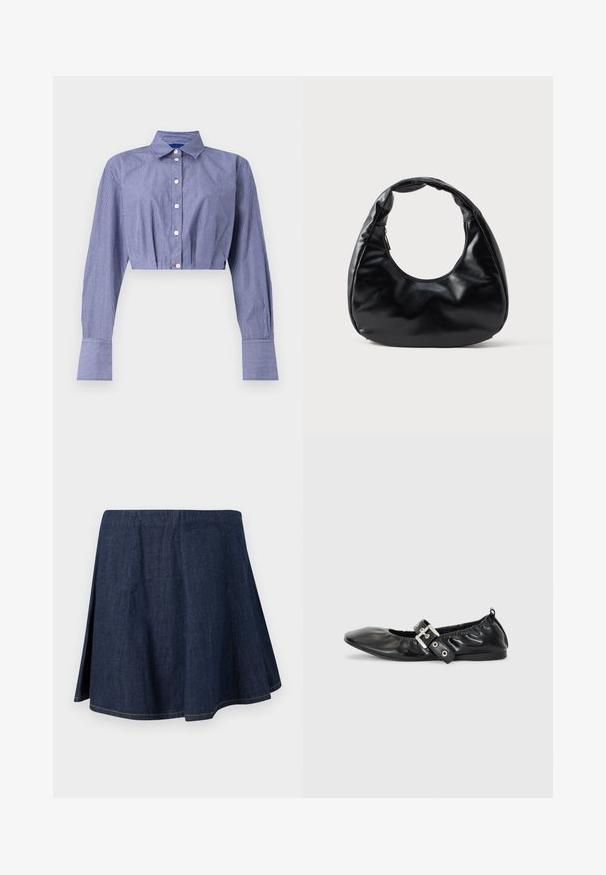 Stribet blå cropped skjorte med knaplukning foran, lange ærmer, klassisk krave og brede manchetter. Fremstillet af letvægtsstof.; Mørkeblå denim A-formet nederdel med sideslids og synlige syninger langs kanten og sømmene, vist på en ensfarvet lys baggrund.; Sorte læder flade sko med spids tå, samling detaljer omkring åbningen, og en sølv spænde accent på den justerbare rem.; Sort faux læder håndtaske med en unik halvmåneform, et bredt, polstret håndtag og en lynlåslukning. Glat, blank tekstur og minimalistisk design.