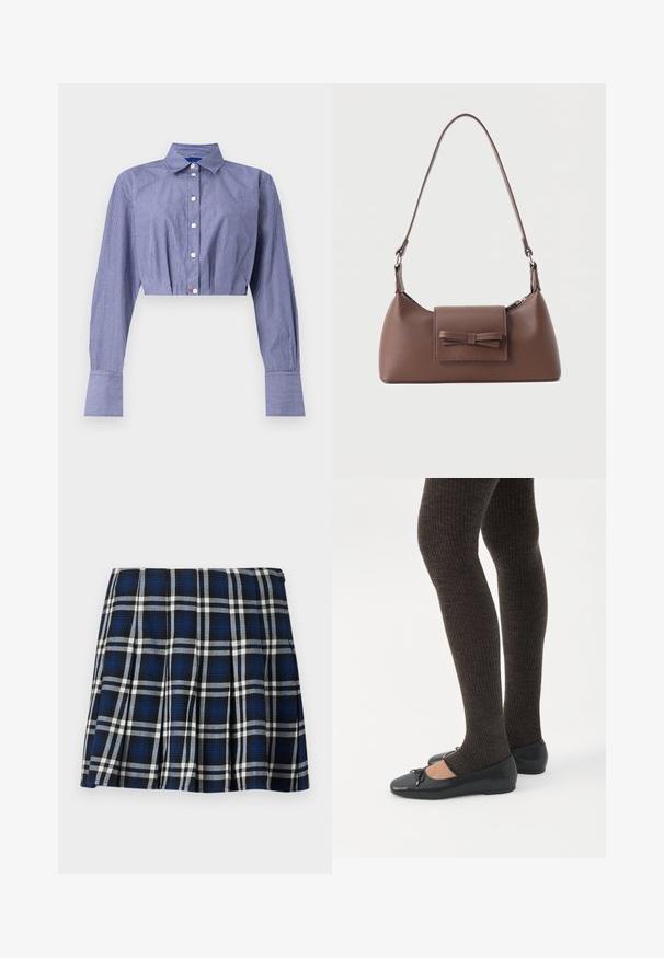 Chemise courte rayée bleue avec un devant boutonné, des manches longues, un col classique et des poignets larges. Fabriquée en tissu léger.; Jupe mini à carreaux avec des couleurs marine, noire et blanche. Dotée de plis et d'une texture lisse. Fermeture éclair sur le côté.; Jambes portant des leggings côtelés foncés associés à des ballerines noires avec de petits détails en nœud sur fond blanc.; Sac à bandoulière en cuir marron avec une poche à rabat avant ornée d'un détail en forme de nœud cousu et une sangle réglable.