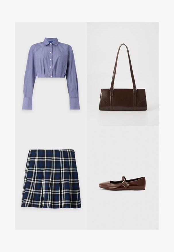 Gestreept blauw cropped shirt met een knoopsluiting aan de voorkant, lange mouwen, klassieke kraag en brede manchetten. Gemaakt van lichtgewicht stof.; Geruite mini-jurk in marineblauw, zwart en wit. Beschikt over plooien en een gladde textuur. Ritsluiting aan de zijkant.; Bruine gepatineerde leren balletschoen met een vierkante neus en een bandje met een kleine gouden gesp. Gladde textuur, lage hak en minimalistisch ontwerp.; Bruine lakleren handtas met een rechthoekige vorm, twee lange handvatten en subtiele gebogen accenten aan de voorkant.