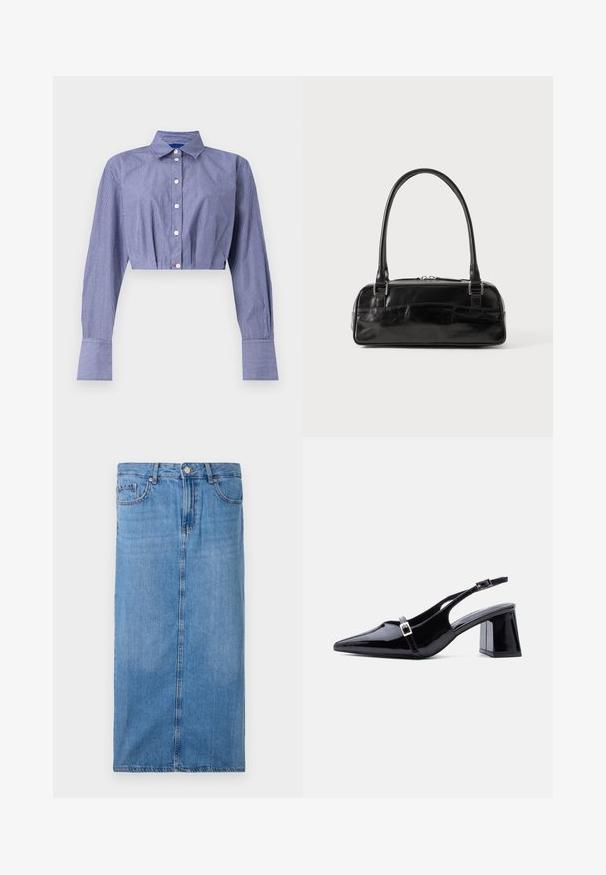Gestreept blauw cropped shirt met een knoopsluiting aan de voorkant, lange mouwen, klassieke kraag en brede manchetten. Gemaakt van lichtgewicht stof.; Denim midi rok in lichtblauw, met een rechte silhouet, zijnaad, en standaard taille met vijf riemlussen en een metalen knoopsluiting.; Zwarte slingback hak van lakleer met een spitse neus, lage blokhiel en twee kleine zilveren gespen op de bandjes.; Zwarte leren handtas met een rechthoekige vorm, voorzien van een enkele gestructureerde handgreep, zilveren hardware en ritsluiting. Gladde textuur.
