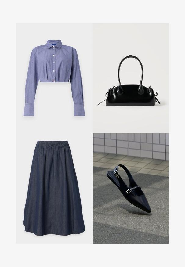 Gestreept blauw cropped shirt met een knoopsluiting aan de voorkant, lange mouwen, klassieke kraag en brede manchetten. Gemaakt van lichtgewicht stof.; Donkerblauwe rok tot op de knie met een elastische tailleband en een uitlopende, geplooide pasvorm.; Zwarte platte slingback met spits toelopende neus en dubbele gespsluitingen, rustend op grijs asfalt bij een achtergrond van betegelde muur.; Kleine zwarte glanzende handtas met twee lange hengsels en zijkant trekkoord details op een effen lichte achtergrond.