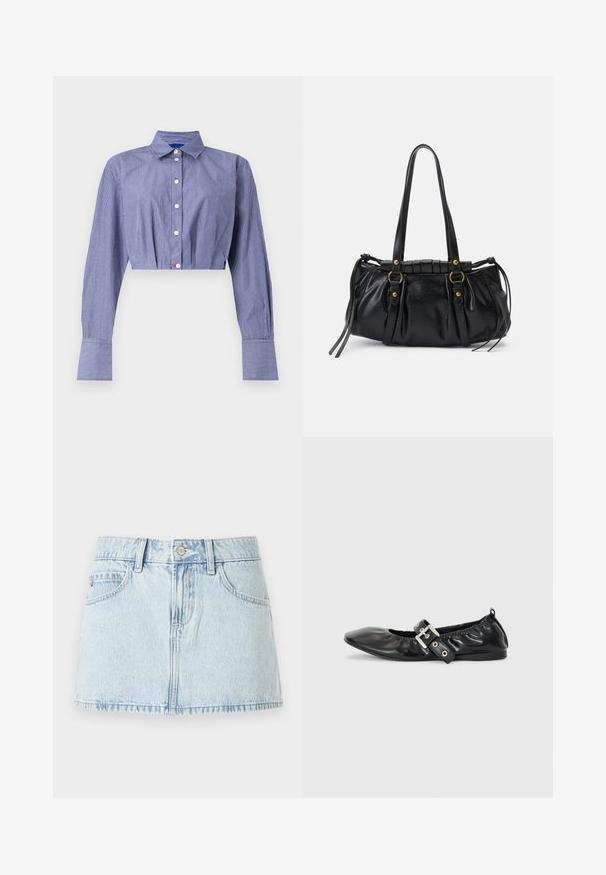 Stribet blå cropped skjorte med knaplukning foran, lange ærmer, klassisk krave og brede manchetter. Fremstillet af letvægtsstof.; Lyseblå denim-mini nederdel med frontknap, bælteløkker og forlommer, vist på en hvid baggrund.; Sorte læder flade sko med spids tå, samling detaljer omkring åbningen, og en sølv spænde accent på den justerbare rem.; Sort læderhåndtaske med rund form, dobbelte hanke, dekorative hardware-detaljer og snøre på siden. Glat, blank overflade.