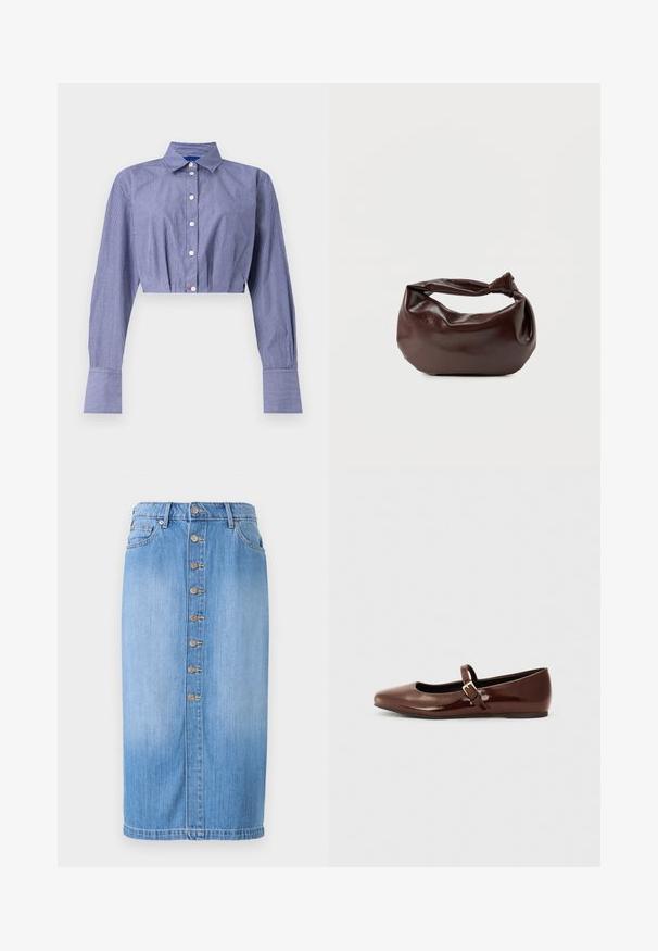 Gestreept blauw cropped shirt met een knoopsluiting aan de voorkant, lange mouwen, klassieke kraag en brede manchetten. Gemaakt van lichtgewicht stof.; Blauwe denim midi-rok met een rechte snit, voorzien van een sluiting met knopen aan de voorkant, vijf zakken en een vervaagde wassing voor textuur.; Bruine gepatineerde leren balletschoen met een vierkante neus en een bandje met een kleine gouden gesp. Gladde textuur, lage hak en minimalistisch ontwerp.; Donkerbruine leren schoudertas met een zachte, slungelige vorm en een gedraaide knoopvormige handgreep op een effen witte achtergrond.