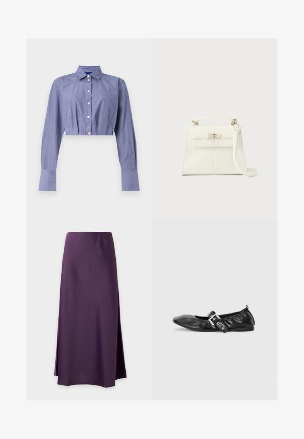 Camisa corta de rayas azules con frente abotonado, manga larga, cuello clásico y puños anchos. Confeccionada en tela ligera.; Falda larga lisa morada con una pequeña abertura lateral, tela lisa y corte recto sobre un fondo blanco.; Zapato plano de piel negra con puntera afilada, detalle fruncido alrededor de la abertura y un acento de hebilla plateada en la correa ajustable.; Bolso de mano de piel blanca con forma estructurada, asa superior, correa de hombro desmontable y cierre con broche plateado. Textura suave, diseño minimalista.