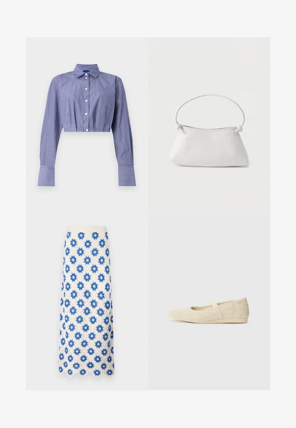 Camisa corta de rayas azules con frente abotonado, manga larga, cuello clásico y puños anchos. Confeccionada en tela ligera.; Falda larga de encaje en blanco con patrones florales azules. El dobladillo con forma de concha y el diseño texturizado añaden detalles a la tela.; Bailarinas beige con un exterior de cuero liso, punta en forma de almendra y una correa elástica en el empeine, con detalles de costura sutiles.; Bolso de mano de cuero blanco tejido con asa redondeada y extremos de la correa anudados, exhibido sobre un fondo liso.