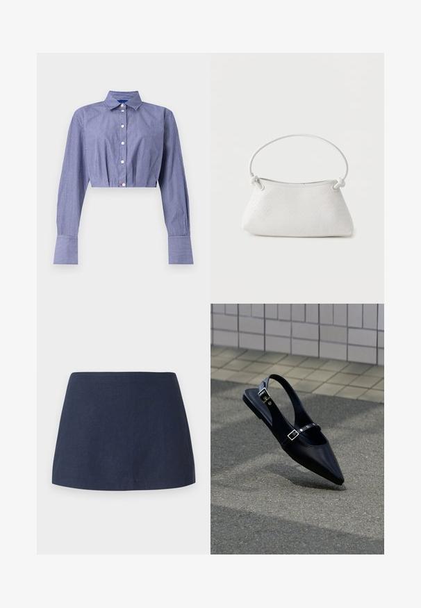 Camisa corta de rayas azules con frente abotonado, manga larga, cuello clásico y puños anchos. Confeccionada en tela ligera.; Falda corta en línea A de color azul oscuro, hecha de una tela texturizada y ligera, con una cintura suave y sin patrones ni adornos.; Zapato plano negro de punta puntiaguda con tiras de doble hebilla y talón descubierto, descansando sobre asfalto gris cerca de una pared con azulejos.; Bolso de mano de cuero blanco tejido con asa redondeada y extremos de la correa anudados, exhibido sobre un fondo liso.