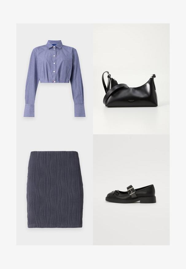 Gestreept blauw cropped shirt met een knoopsluiting aan de voorkant, lange mouwen, klassieke kraag en brede manchetten. Gemaakt van lichtgewicht stof.; Donkergrijze getailleerde minirok met een gestructureerd, golfachtig patroon en een gladde afwerking. Ontworpen met een simpele, rechte zoom.; Zwarte leren Mary Jane-schoen met een ronde neus, enkelband en details met zilveren gesp. Heeft een platte, chunkyzool en een strikaccent.; Zwarte leren handtas met een gladde textuur. Beschikt over een verstelbare schouderband en een strak, minimalistisch ontwerp met een ritssluiting.