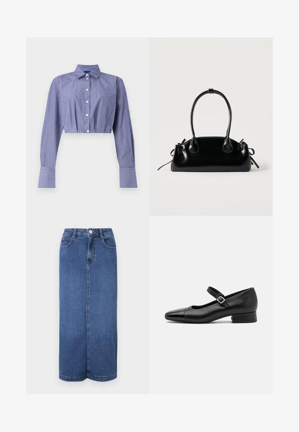 Gestreept blauw cropped shirt met een knoopsluiting aan de voorkant, lange mouwen, klassieke kraag en brede manchetten. Gemaakt van lichtgewicht stof.; Denim maxi rok in donkerblauw, met een rechte snit, een tailleband met knoopsluiting en minimale stikdetails.; Zwarte leren Mary Jane schoenen met een gepatenteerde neus, verstelbare enkelband en lage blokhak. Een gladde textuur en een elegante uitstraling.; Kleine zwarte glanzende handtas met twee lange hengsels en zijkant trekkoord details op een effen lichte achtergrond.