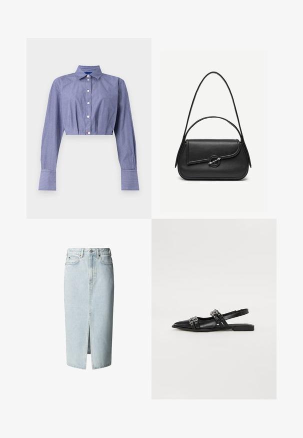 Stribet blå cropped skjorte med knaplukning foran, lange ærmer, klassisk krave og brede manchetter. Fremstillet af letvægtsstof.; Lyseblå denim midi nederdel med frontslids, bæltestropper, knap- og lynlåsfastgørelse samt for- og baglommer.; Even&Odd Slingback-ballerinasko - black; Sort læderhåndtaske med afrundede kanter, asymmetrisk klap, metalcirkulært spænde samt både korte og lange skulderstropper.