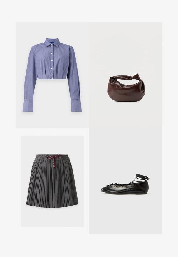 Gestreept blauw cropped shirt met een knoopsluiting aan de voorkant, lange mouwen, klassieke kraag en brede manchetten. Gemaakt van lichtgewicht stof.; Donkergrijze geplooide rok met een elastische tailleband en een gebonden bordeaux koord aan de voorkant in het midden.; Zwarte ballerina's van lakleer met een afgeronde neus, veterdesign en een platte zool. Glad oppervlak met minimale details.; Donkerbruine leren schoudertas met een zachte, slungelige vorm en een gedraaide knoopvormige handgreep op een effen witte achtergrond.