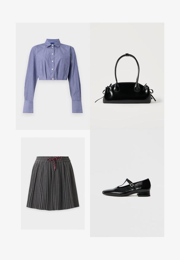 Camisa corta de rayas azules con frente abotonado, manga larga, cuello clásico y puños anchos. Confeccionada en tela ligera.; Falda plisada gris oscuro con cintura elástica y cordón granate atado en el centro delantero.; Zapatos Mary Jane de cuero negro con punta puntiaguda, tacón pequeño de bloque y correa ajustable con hebilla plateada. Textura lisa y brillante.; Pequeño bolso negro brillante con dos asas largas y detalles de cordón lateral sobre un fondo claro liso.