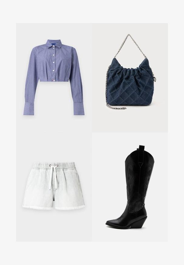 Gestreept blauw cropped shirt met een knoopsluiting aan de voorkant, lange mouwen, klassieke kraag en brede manchetten. Gemaakt van lichtgewicht stof.; Lichtgrijze spijkershorts met een elastische tailleband, trekkoordsluiting en een rafelige zoom. Voorzien van twee steekzakken aan de zijkant en een comfortabele, ruimvallende pasvorm.; Zwarte leren cowboylaars met puntige neus, schuine blokhak, decoratieve stiksels en aantreklusjes bovenaan tegen een witte achtergrond.; Donkerblauwe gewatteerde stoffen handtas met gerimpelde bovenkant en zilverkleurige ketting- schouderriem op een effen achtergrond.