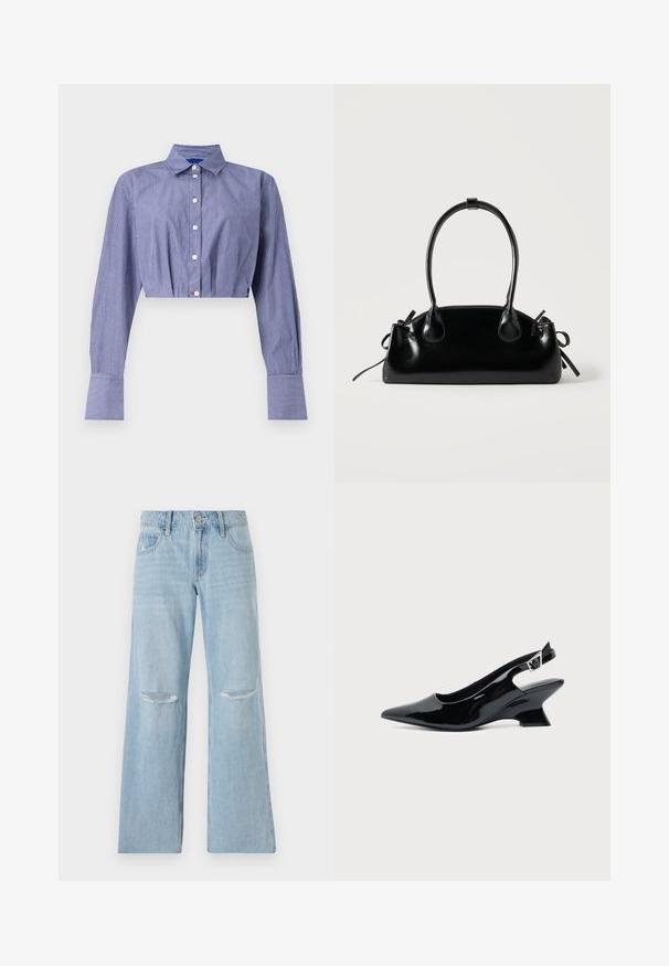 Camisa corta de rayas azules con frente abotonado, manga larga, cuello clásico y puños anchos. Confeccionada en tela ligera.; Jeans de mezclilla azul claro con cintura alta, pierna ancha y dos detalles de rodillas rasgadas. Incluye pasadores para cinturón y bolsillos frontales.; Zapato slingback de cuero charol negro con puntera puntiaguda y tacón bajo en bloque inclinado sobre fondo claro liso.; Pequeño bolso negro brillante con dos asas largas y detalles de cordón lateral sobre un fondo claro liso.