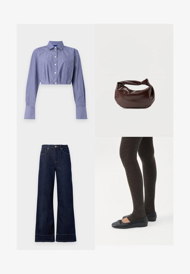 Camisa corta de rayas azules con frente abotonado, manga larga, cuello clásico y puños anchos. Confeccionada en tela ligera.; Jeans rectos de mezclilla color azul oscuro. Presentan un cierre de botón, detalles de costura y bolsillos laterales. Dobladillo acampanado.; Piernas con leggings oscuros acanalados combinados con bailarinas negras que presentan pequeños detalles de lazo sobre un fondo blanco.; Bolso de hombro de cuero marrón oscuro con una forma suave y caída, y un asa con nudo torcido sobre un fondo blanco liso.