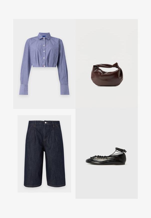 Stribet blå cropped skjorte med knaplukning foran, lange ærmer, klassisk krave og brede manchetter. Fremstillet af letvægtsstof.; Mørkeblå denim lange shorts med frontplisser, sidelommer, bæltestropper og metal knaplukning i taljen.; Sorte balletflade sko i laklæder med rundet tå, snørelukning og flad sål. Glat tekstur med få detaljer.; Mørkebrun læder skuldertaske med en blød, afslappet form og et snoet knudehåndtag på en ensartet hvid baggrund.
