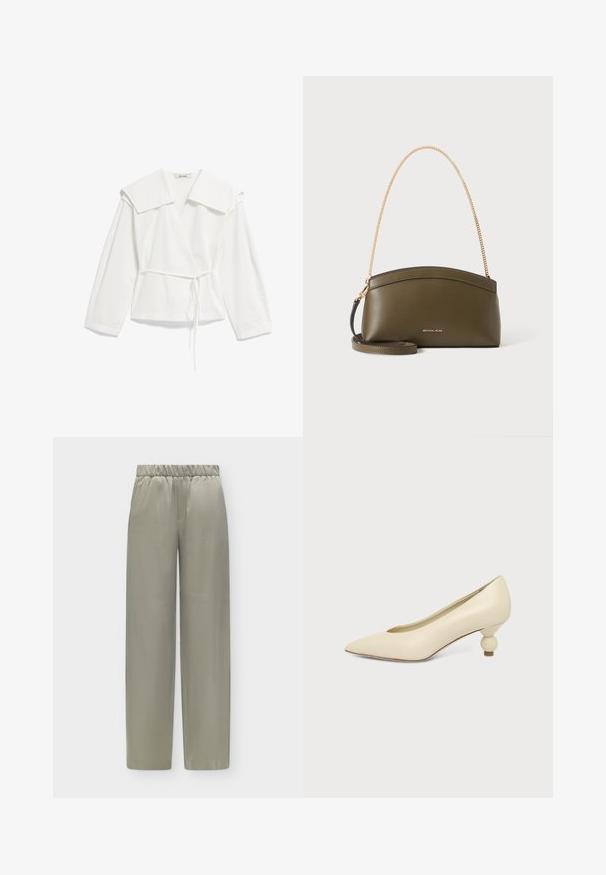 Blouse longue blanche à manches longues, avec col oversize et fine ceinture à la taille, en tissu léger, présentée à plat sur fond blanc.; Pantalon ample gris clair avec taille élastique et jambes droites, présenté sur un fond blanc uni.; Chaussure femme couleur crème à bout pointu avec un petit talon rond en forme de boule, sur fond uni.; Sac à main Michael Kors vert olive avec bandoulière en chaîne dorée, dessus courbé et petit logo doré sur le devant, présenté sur fond blanc.