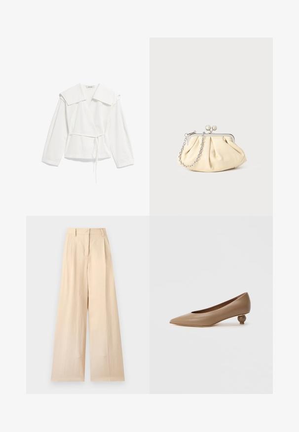 Blouse longue blanche à manches longues, avec col oversize et fine ceinture à la taille, en tissu léger, présentée à plat sur fond blanc.; Pantalon beige taille haute à jambes larges avec passants de ceinture et fermeture éclair devant sur un fond uni clair.; Escarpin à bout pointu en cuir lisse marron clair. Caractérisé par un talon bas arrondi de forme sphérique. Design minimaliste, sans ornements visibles.; Pochette en cuir beige plissé avec un cadre en métal argenté, dotée de deux fermoirs ronds décoratifs et d'une chaîne en argent.