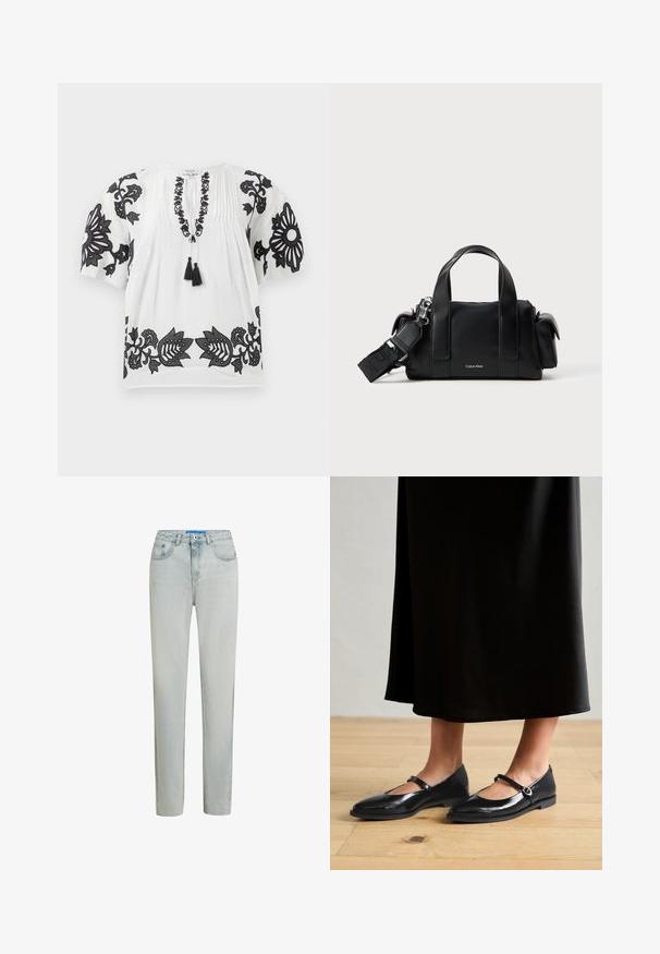 Hvid kortærmet bluse med sort blomsterbroderi på ærmerne, halsudskæringen og kanten, prydet med en snor med to sorte kvaster foran.; Lyseblå jeans med højtaljede lige ben lavet af denim. Har lynlås, fem-lomme design og subtil udtoning for tekstur.; Sorte patentlæder flade sko med en Mary Jane-strap, spids tå og subtil glans, parret med en svævende sort nederdel på et trægulv.; Sort lædertaske med to topbøjler og en aftagelig skulderrem. Har en lynlåslukning og et diskret logo foran.