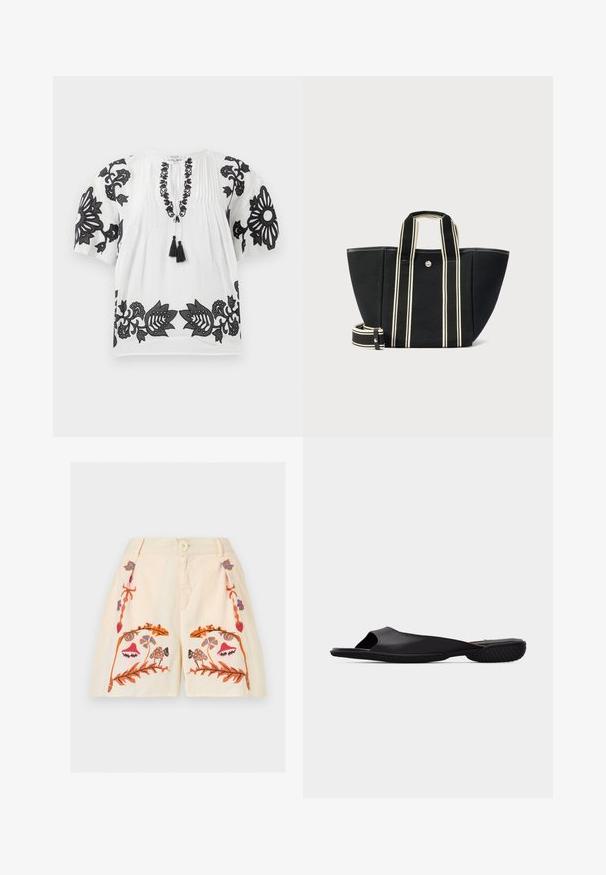 Weiße Bluse mit kurzen Ärmeln und schwarzer floraler Stickerei an den Ärmeln, dem Ausschnitt und dem Saum, mit einer Bindeschnur vorne, die zwei schwarze Quasten hat.; Cremefarbene Shorts mit Frontknopf, Reißverschluss und bestickten symmetrischen Blumen- und Pilzmuster in Orange, Pink, Blau und Braun.; Schwarze offene Slide-Sandale mit offenem Zehenbereich, strukturierter Sohle und minimalistischem Design, seitlich auf einem schlichten hellgrauen Hintergrund betrachtet.; Schwarze Tote-Bag mit breiten, cremefarben gestreiften Griffen und abnehmbarem Schultergurt, silberner Knopfverschluss, strukturierte rechteckige Form.