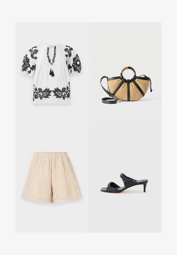 Weiße Bluse mit kurzen Ärmeln und schwarzer floraler Stickerei an den Ärmeln, dem Ausschnitt und dem Saum, mit einer Bindeschnur vorne, die zwei schwarze Quasten hat.; Beige Shorts mit einem strukturierten, waffelartigen Muster. Elastischer Bund und lockere Passform. Mittellange Beine, bis zur Mitte des Oberschenkels. Leichtes Material.; Schwarze Sandalen mit Absatz und eckiger Spitze aus glattem Leder. Verfügen über geraffte Riemen und einen schlanken Absatz für zusätzlichen Auftrieb.; Geflochtene Handtasche mit schwarzem Lederbesatz, einem runden Griff aus Gold und Schildpatt sowie einem abnehmbaren schwarzen Leder-Schulterriemen.