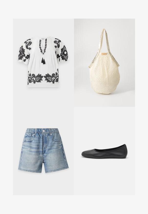Hvid kortærmet bluse med sort blomsterbroderi på ærmerne, halsudskæringen og kanten, prydet med en snor med to sorte kvaster foran.; Lyseblå denimshorts med elastisk talje, forreste knap og lommer, vist mod en hvid baggrund.; Sort læderballetsko med rund tå, glat tekstur, minimal syning og et fleksibelt såldesign.; Cremefarvet netpose med et tekstureret vævet design og skinnende guldfarvede stropper. Lædermærke med brandlogo hænger fast øverst.