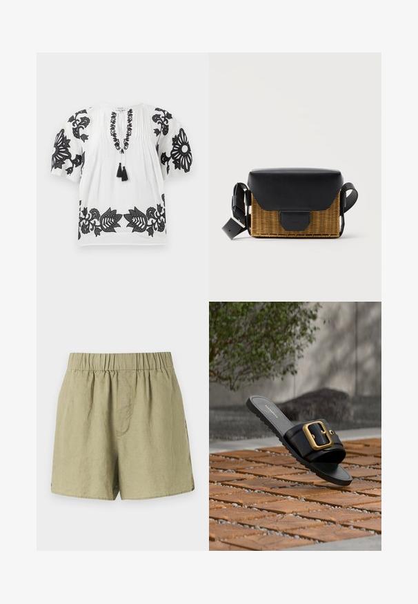 Witte blouse met korte mouwen, versierd met zwarte bloemenborduursels op de mouwen, hals en zoom, en met een strik met twee zwarte franjes aan de voorkant.; Lichtgroene linnen shorts met een elastische tailleband, zijzakken en een relaxte pasvorm. Gemaakt van een gladde, iets gestructureerde stof.; Zwarte slidesandaal met brede band en grote gouden gesp, liggend op een houten tegelvloer met groene plant en grijze muur op de achtergrond.; Rechthoekige gevlochten crossbody tas met zwarte leren klep en verstelbare band, getoond tegen een effen lichte achtergrond.
